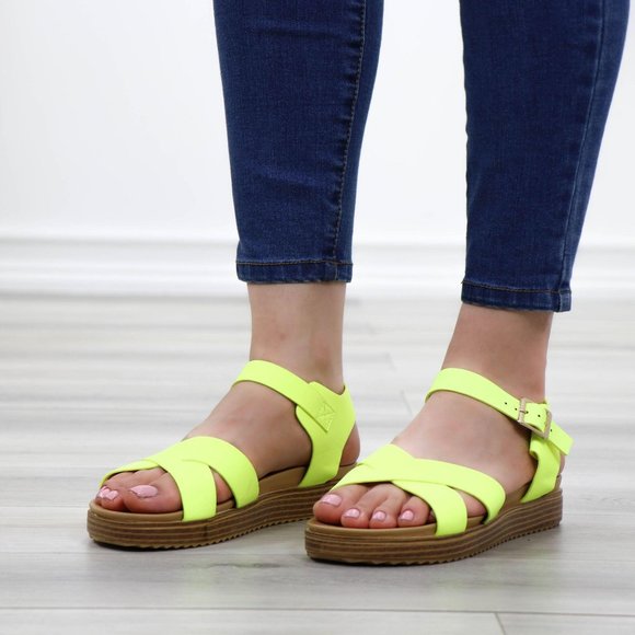 Neon Green Strappy Comfort Sandals Faux Nubuck - Picture 12 of 13